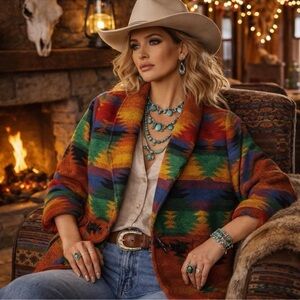 On The Verge 70’s Women’s Open Coat Size XL Southwestern Pattern Wool VTG USA